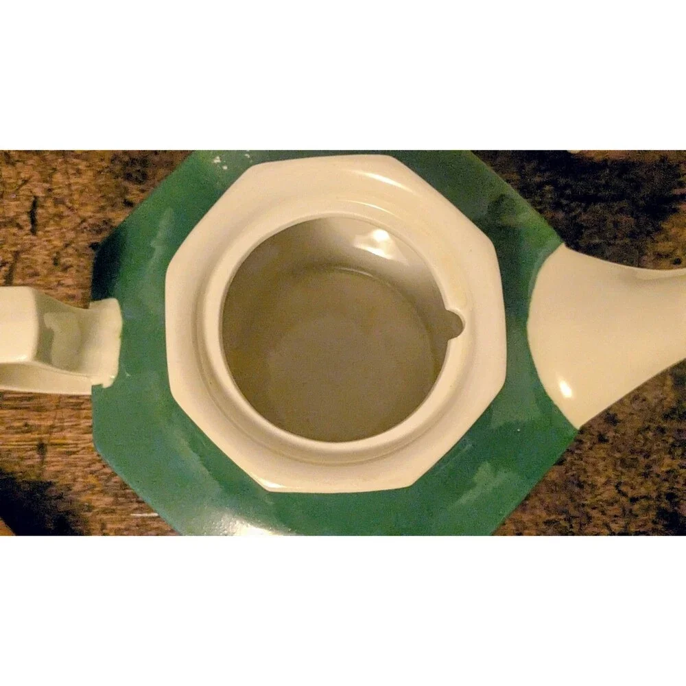Vintage Porcelier Vitreous China Teapot Green White Geometric Floral  With Lid